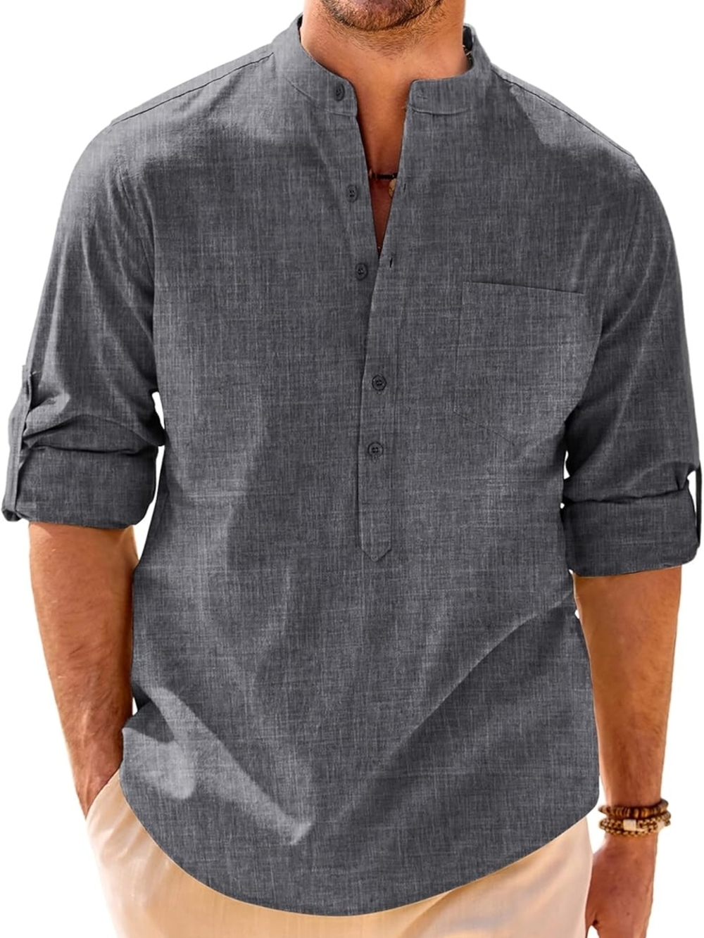 Indigo Men's Grey Grandad Collar Linen Shirt Size XL